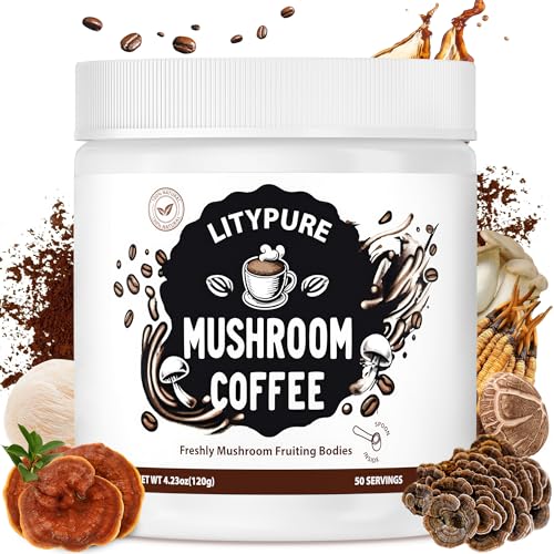 Litypure Mushroom Coffee — Organic Instant Arabica Coffee with Lion's Mane, Cordyceps, Reishi, Turkey Tail, KingTrumpet, Shiitake, for Improve Focus & Immune Support 4.23 oz