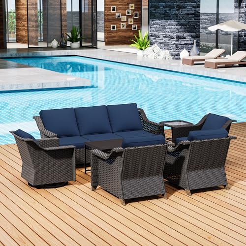 Image of 7 Pieces Outdoor Conversation Furniture Set - 77 inch Patio Sofa, 2 Armchairs, 2 Swivel Glider Chairs, 1 Side Table, 1 Metal Table, Wicker Couch with Washable Cushions for Porch (Navy Blue) | Patio Chair Set with Olefin Removable Cushion, All-Weather Outdoor Couch with Deep Seat for Porch, Deck and Backyard, Blue