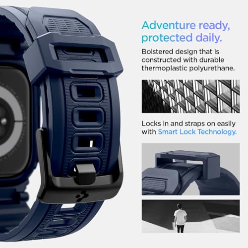 Image of Spigen Rugged Armor Pro for Apple Watch Series 11 46mm Case with Strap Band, Series 10 46mm Protective TPU Cover with Strap - Navy Blue