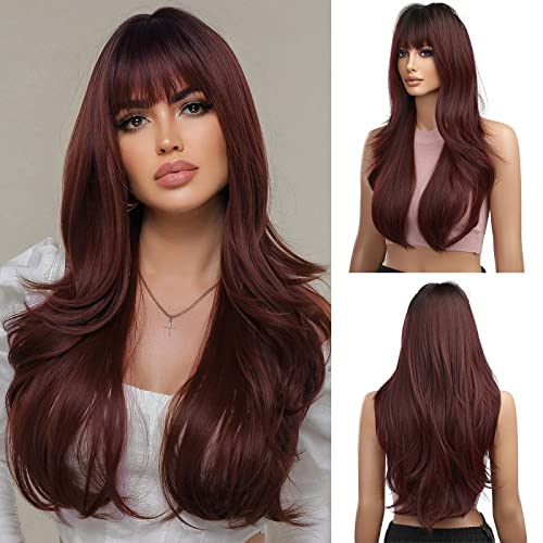 Esmee Long Ombre Red Wigs for Women Natuaral Synthetic Wavy Curly Hair Burgundy Wig with Fringe for Daily Party Cosplay Use-24 Inches
