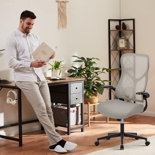 Image of DUMOS Home Office Desk Chair - Ergonomic High Back Mesh Computer Task Chair with Comfy Flip-up Armrests, Swivel Adjustable Height with Wheels, Comfortable Lumbar Support, for Adults, Gery