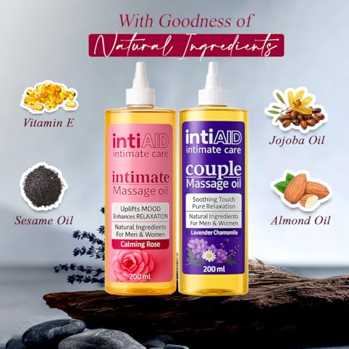 Image of Couple & Intimate Massage Oil Pack of 2 with Sensual Bliss of Lavender & Chamomile. Ideal for Couples Date Nights & Soothing Massage Experience. Non-Sticky Texture - 200ml Each