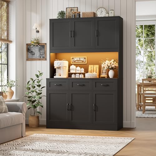 Image of HOSTACK Kitchen Pantry Storage Cabinet, Tall Kitchen Hutch Cabinet, Black | 47 inchW Food Pantry Cabinet with Smart LED / Charging Station / Countertop / 3 Large Drawers, 72 inchH Storage Hutch for Dining Room