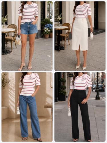 Image of Women Striped Short Sleeve Sweater Crew Neck Knit Top Pullover