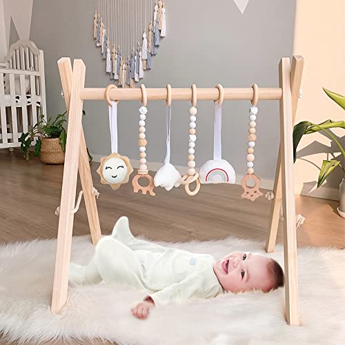 Image of Wooden Baby Play Gym, WOOD CITY Foldable Baby Gym with 6 Hanging Sensory Toys for Infants Activity, Newborn Gifts for Baby Girl and Boy (Natural Wood)