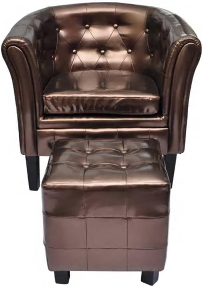 vidaXL Tub Chair with Matching Footstool in Brown Faux Leather - Elegant Studded Armchair and Stool Set Ideal for Office, Reception, or Residential Areas