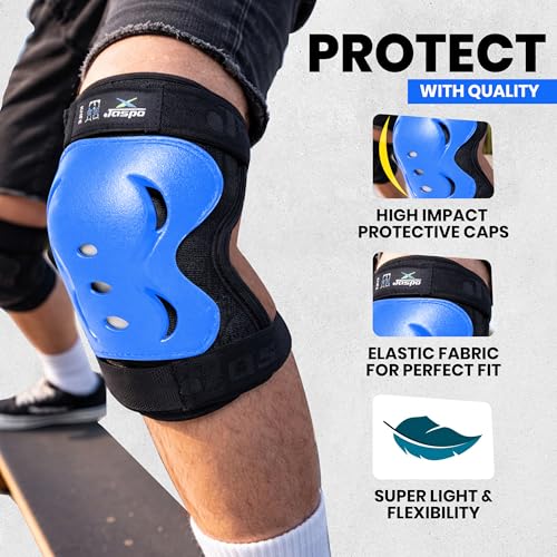 Image of Jaspo Tyro Complete Protective Gear Set for Kids | Helmet with Knee Pads, Elbow Pads & Wrist Guards for Skating, Cycling & Skateboarding (Blue) (6-14 Years)