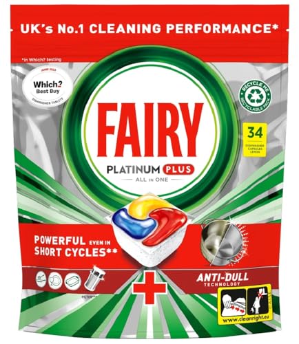 Fairy Platinum Plus Lot de 34 tablettes tout-en-un pour lave-vaisselle, citron, notre meilleur nettoyage pour un nettoyage comme neuf, élimine la matité et empêche le calcaire
