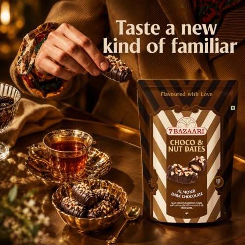 Image of 7 BAZAARI Premium Chocolate Dates with Almonds | Dark Chocolate Coated Dates Healthy Energy Snack | Gluten Free Gourmet Treat | 10 pcs