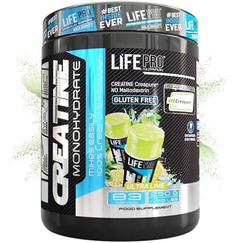 Creatina Monohidratada Creapure Life Pro – Creatina Micronizada Pura, Hasta 83 Tomas – Sin Gluten, Para Fuerza, Energía y Recuperación Muscular – Calidad Alemana (250g, Ultra Lime)