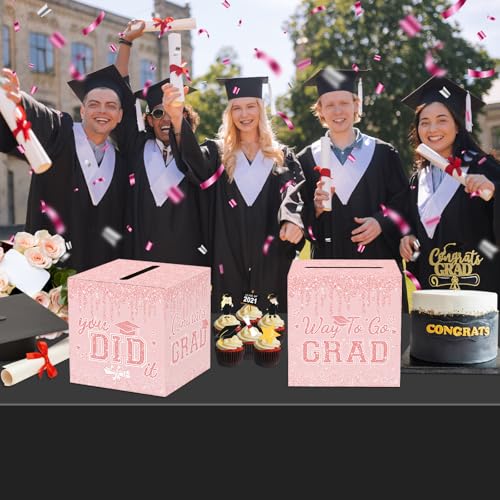 Image of Pink Graduation Congrats Card Box, 2026 Rose Gold Graduation Party Decorations Graduation Money Card Boxes Holder Graduation Gift Grad Parties 8.7 x 8.7 x 8.7 Inch