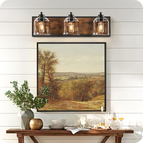 Image of 3-Light Bathroom Fixture, 23.2 inch Large Farmhouse Vanity Light, E26 Base (Bulbs Not Included), Thickened Glass Shade, for Bathroom, Bedroom, Vanity, Hallway, Rustic Brown and Black F17BD05
