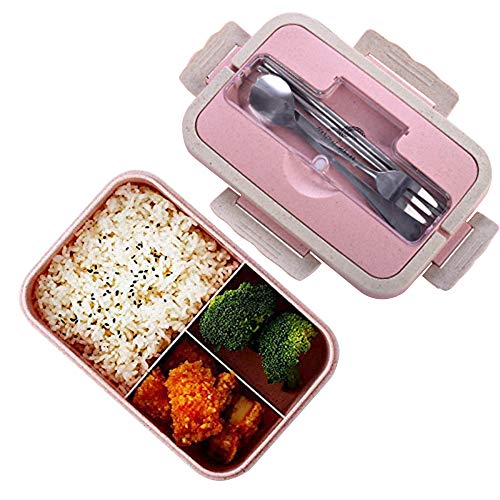Fiambreras bento, Fiambrera de seguridad de trigo natural de 1000 ml con palos, cuchara para niños y adultos, apta para...