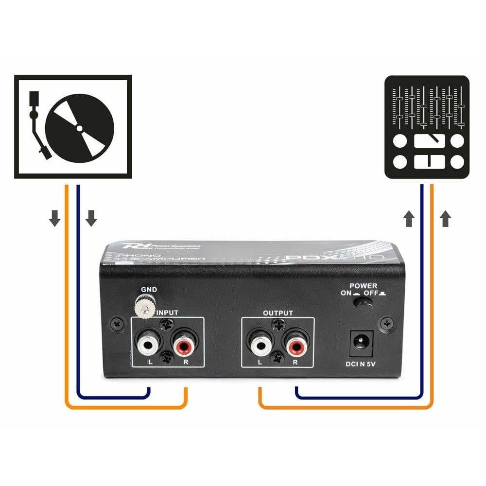Power Dynamics PDX010 - Préamplificateur Phono, Entrée et Sortie RCA, Egaliseur RIAA, Boitier Solide, Borne de Mise à la Terre, Idéal pour Platine Vinyle et Tourne-Disque