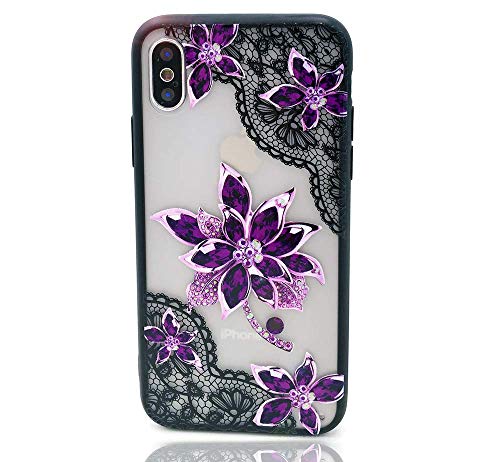 HUIYCUU Case Compatible with iPhone XS Max Case,Mandala Glitter Henna Black Lace Flower Slim Fit Soft Bumper Shockproof Matte Hard Back Cover Girls Blossom Design for iPhone Xs Max Plus, Purple Floral