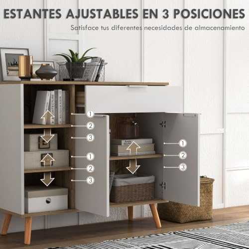 Miniatura 6 de Homcom Aparador De Salón Moderno Aparador De Cocina Con 1 Cajón 2 Puertas De Cierre Suave Y Estantes Ajustables Para Comedor Pasillo Dormitorio 95x35x85 Cm Blanco Y Natural