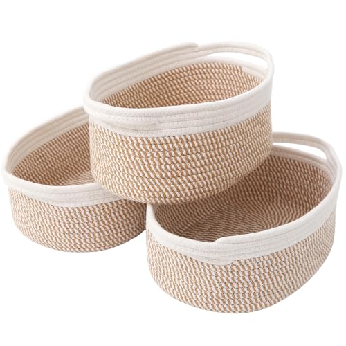 Image of JMvicyroam Small Woven Basket, Empty Gift Basket, White&Brown Block /3 Pack | Small Gift Basket, Cotton Rope, 12 x 8 x 86 in, Handles, Includes Ribbon and Bag, Birthday Gift Basket