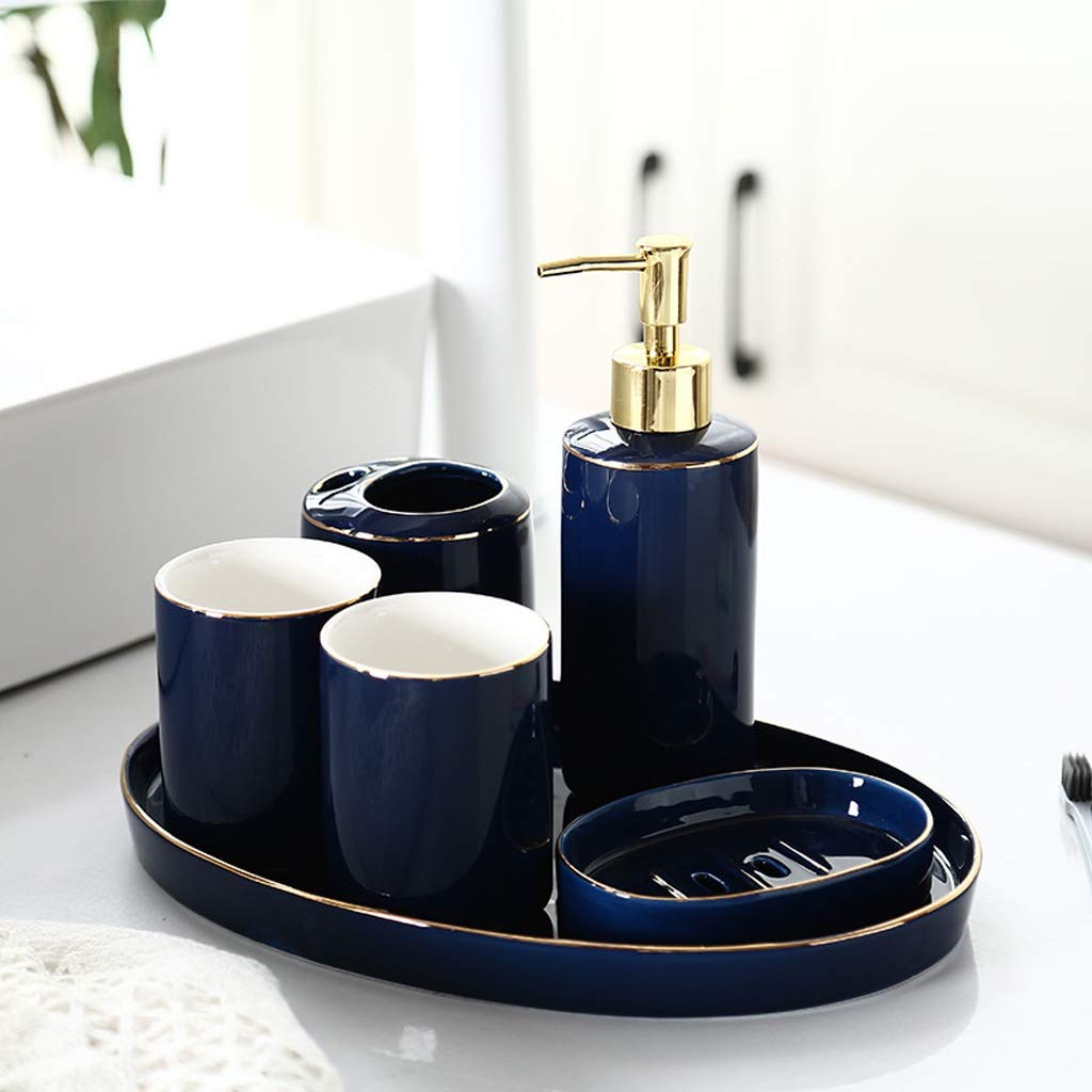 Dispensador de jabón líquido Accesorios de baño de cerámica, borde azul, borde dorado azul Juego de seis piezas que contiene dispensador de jabón Taza de enjuague bucal Porta cepillo de dientes, bande