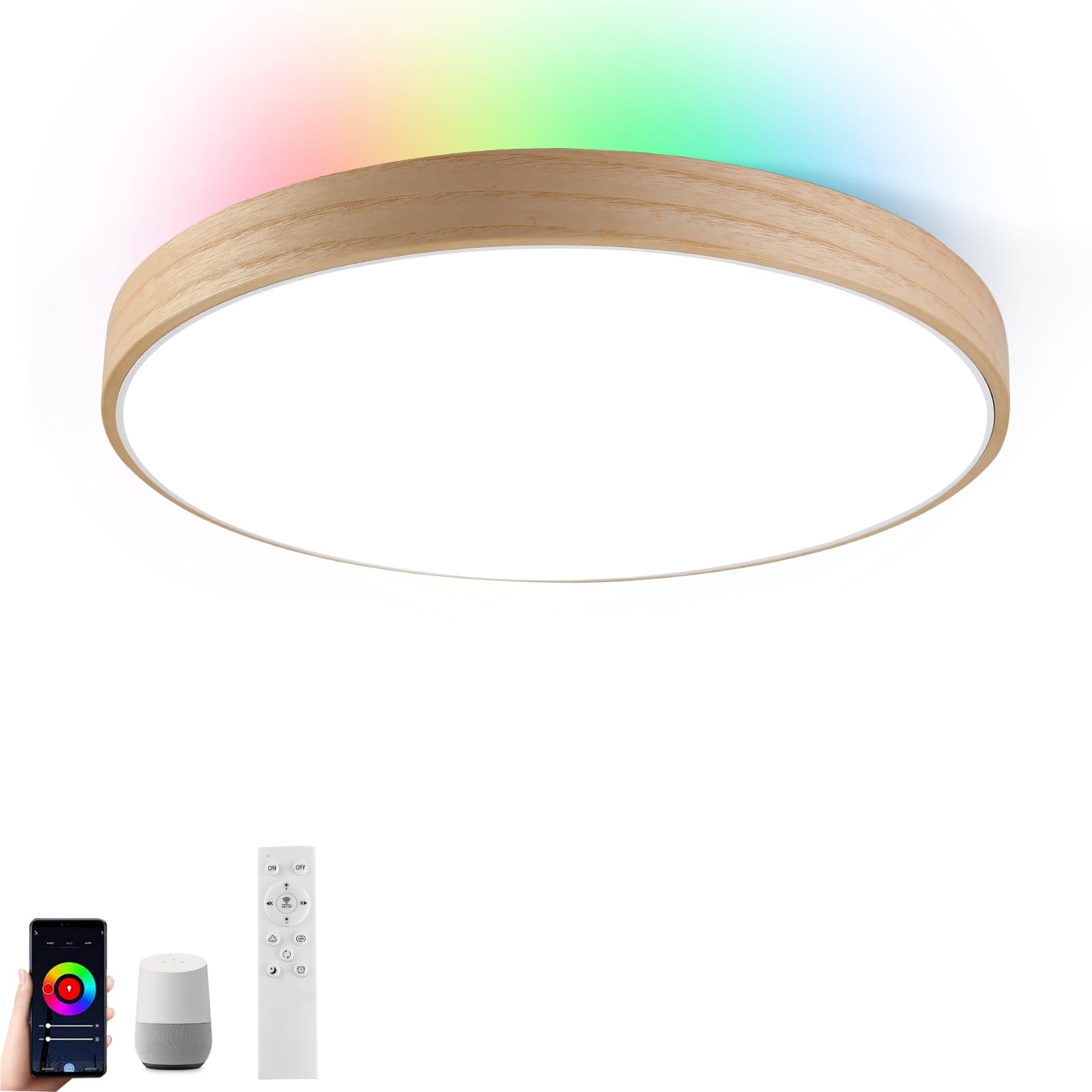 Lámpara de Techo LED Smart WIFI, Luz LED Regulable con Alexa Google Home, Lámpara de Cambio de Color RGB de 28 W con Control Remoto, Luz Hecha de Material de Madera Natural para Dormitorio