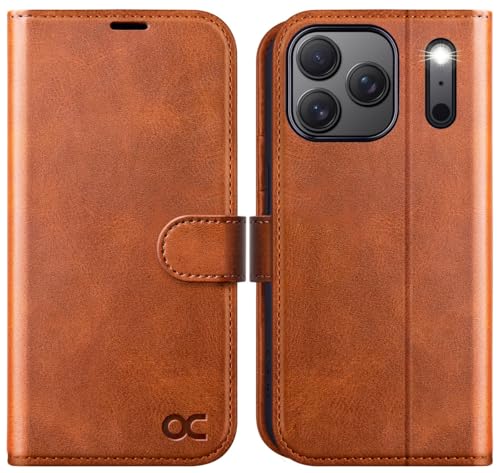 OCASE �P�[�X �E�H���b�g for iPhone 17 Pro �t�H���J�o�[ PU ���U�[ �t���b�v�P�[�X �J�[�h�z���_�[�t�� RFID �u���b�N�@�\ �X�^���h�t�� �Ռ��z�� TPU �����V�F�� - �u���E��