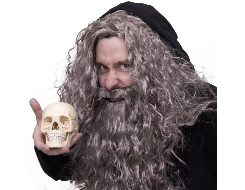 Happy Hippo Long, Gray Wizard Wig and Beard Set: Halloween Costume Wig For Men; Merlin; Mens Wig, Wigs For Men