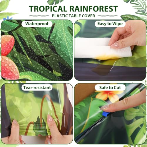 Image of Kochorie 100 Ft x 54 Inch Rainforest Party Tablecloth Roll with Cutter Box | Waterproof Plastic Jungle Table Cover for Tropical Greenery Party Supplies Decorations