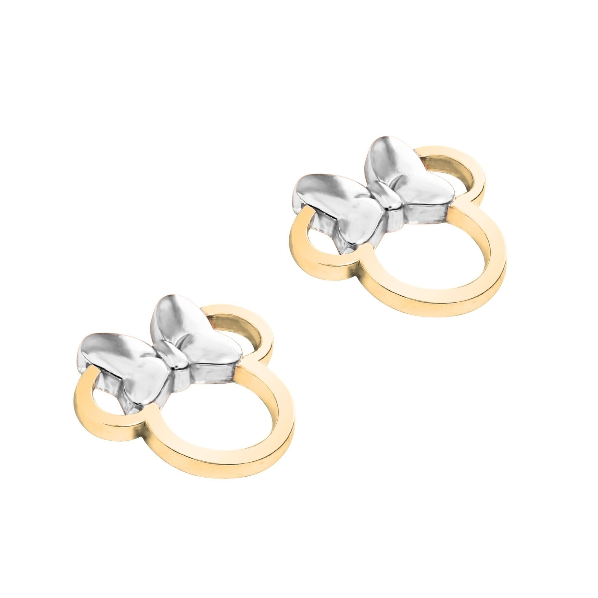 Disney Pendientes de Botón Minnie Mouse en Plata de Ley 925 con Baño de Oro Amarillo y Lazo Bicolor, Pendientes de Silueta Calada para Mujeres y Niñas, Caja de Regalo, Joyas Oficiales Disney