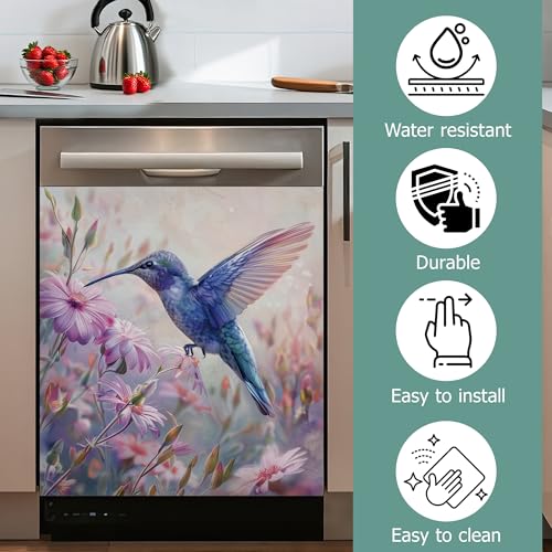 Image of Dishwasher Cover,Spring Hummingbird Reusable Dishwasher Magnet Cover,Decorative Purple Flowers Magnetic Refrigerator Cover Front Panel Cover for Kitchen Decor 23x26 Inch