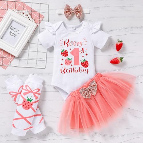 Image of GRNSHTS Baby Girl Birthday Cake Smash Outfit Toddler Girl My 1st Birthday Romper Tutu Skirt with Headband Clothes Set