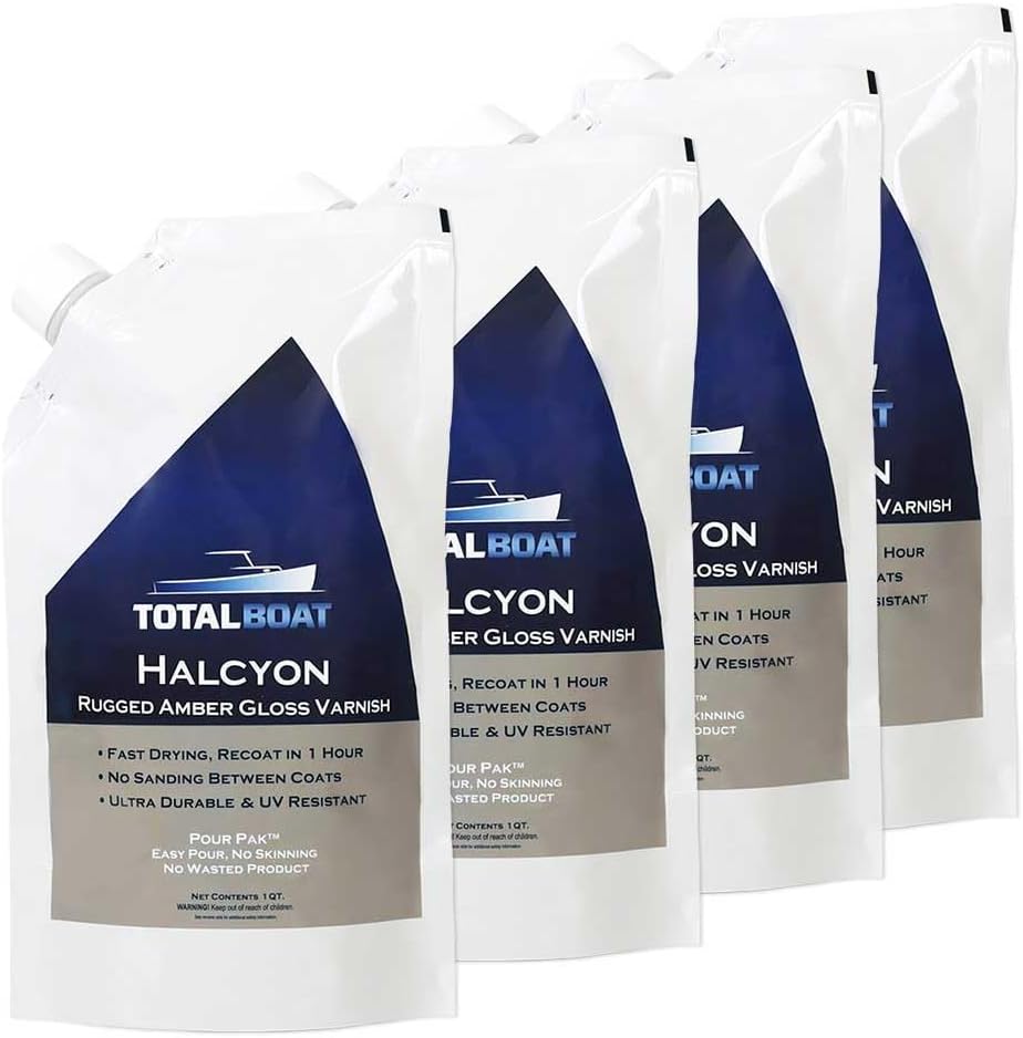 TotalBoat Halcyon Marine Varnish | Water-Based Polyurethane Wood Finish | Clear Gloss UV Protection for Interior and Outdoor Use (Clear Amber, 4 Quart)