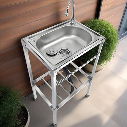 Évier Sur Pieds de Cuisine en Acier Inox 1 Bac Évier De Jardin Extérieur Lavabo Multifonctionnel Commercial Utilitaire avec Robinet Pivotant,pour Garage,Blanchisserie