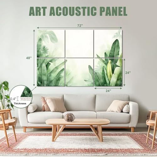 6 Pack Paneles Acústicos Artísticos Absorbentes de Sonido Hojas Tropicales Botánicas Verde y Amarillo Paneles Decorativos Autoadhesivos para Estudios y Oficina 72"x48" miniatura 2