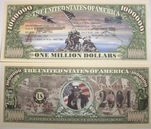Set of 10 Bills-Veterans of War Million Dollar Bill by Novelties Wholesale