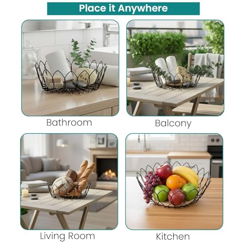 Image of Go Hooked Decorative Metal Wire Fruit Basket with Wooden Base for Home & Dining Table 10Inch | Open Wire Countertop Fruit Bowl for Vegetables, Snacks & Bread | Modern Home Decor Storage Basket (VM15C)