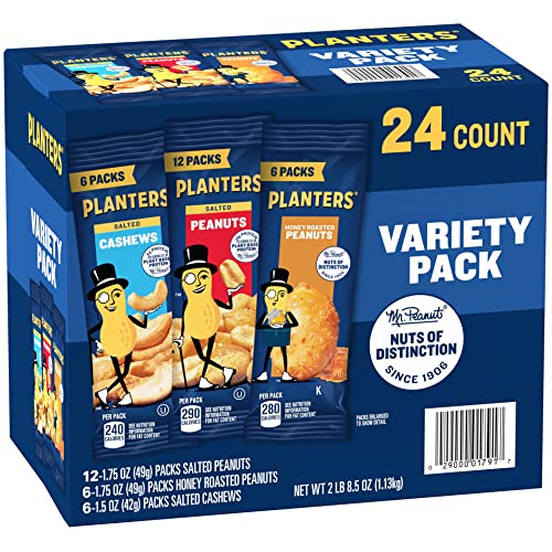 Image of PLANTERS Peanuts & Cashews Variety Pack, 40.5 oz, Includes 12 packages Honey Roasted Peanuts (1.75 oz each), 12 packages Salted Peanuts (1.75 oz each), and 12 packages Salted Cashews (1.5 oz each)