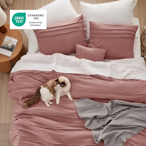 Image of Bedsure King Comforter Set - 4 Pieces Pinch Pleat Bed Set, Dusty Pink Boho Bedding for All Season, 1 Soft Comforter, 2 Pillowcases, 1 Decorative Pillow