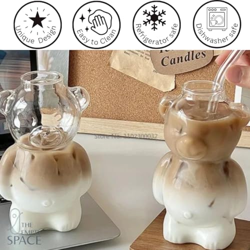 Image of The Empty Space Glass Mug - Unique Aesthetic Borosilicate Cup | Ideal for Iced Tea, Coffee, Gifting & Daily Use | Cute Glass Gift for Her, Housewarming, Mother's Day (Set of 1) (Teddy Mug With Straw)