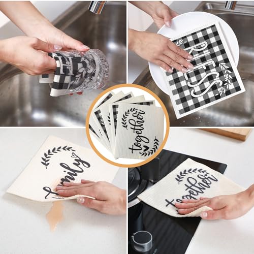 6 Pcs Farmhouse Swedish Kitchen Dishcloths Black and White Buffalo Plaid Sponge Cloth Love Family Together Home Reusable Absorbent Hand Towels for Kitchen Bathroom and Cleaning Counters
