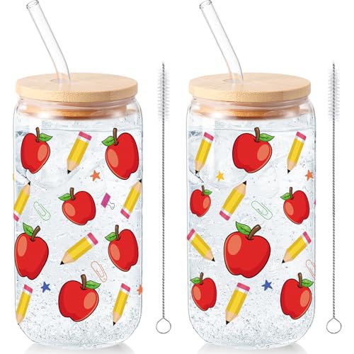Sliner 2 Pcs Teacher Glass Tumblers Back to School Gift Cups with Lids