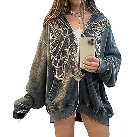 MFFACAI Oversize Zip Up Hoodie for Women Y2k Gothic Skeleton Print Pullover Cardigan Jacket with Pocket (Color : Gray, Size : S) Cover
