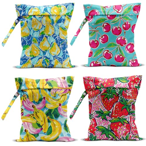 zcyxuuw Wet Bag, 4Pcs Wet Dry Bag Set, Reusable Waterproof Bags with Fresh Fruit Patterns for Women, Ideal for Beach Vacations & Pool Days