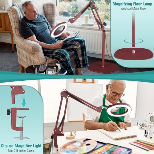 Image of 12X Magnifying Glass with Light and Stand, Real Glass Lens (Not Acrylic), 5 Color Modes, Stepless Dimmable, LED 3-in-1 Floor Lamp, Swing Arm with Clamp, Lighted Magnifier Hands Free for Crafts - Red