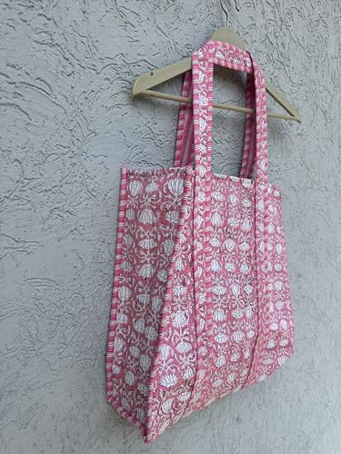 Image of Quilted Cotton Hand printed Reversible Large multicolor cotton Tote Bag,Indian Handmade Block Printed Tote Bag Women Handbag
