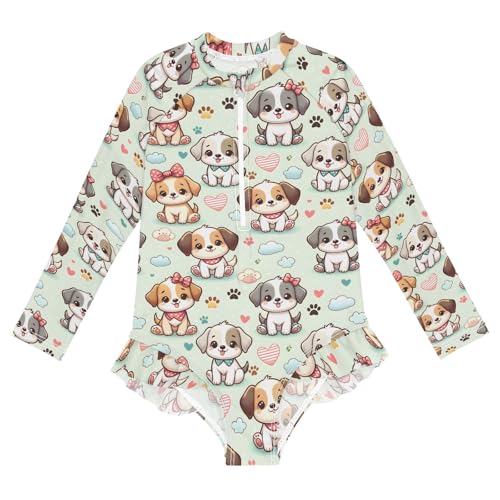 Cute Dog Seamless Pattern Girls Long Sleeve Swimsuit Rash Guard One Piece Bathing Suits Zipper 3-12T
