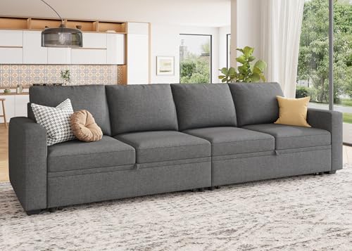 Image of HONBAY Modular Sectional Sleeper Sofa Bed, with Pull Out Bed, Linen Convertible Sectional Couches for Living Room - Dark Grey