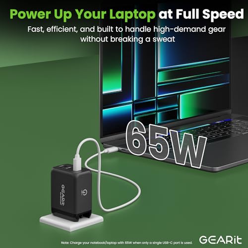 GEARit USB C Charger Block, 65W 3-Port Fast Charging Adapter, Compact Foldable PD Charger, Compatible with MacBook Pro/Air, iPad, iPhone 17/16/15/14, Galaxy S25/S20, Pixel, and More — view 3