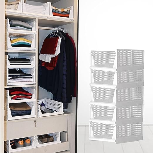 TANSUNG Pack of 6 Foldable Stackable Wardrobe Organizers for Clothes - Plastic Closet Storage Solution for Kitchen and Bathroom in White