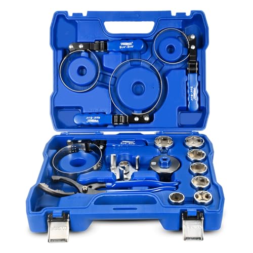 PESIKO 14 Piece Oil Filter Wrench Set 7pcs Oil Fliter Socket and 64mm Wrench 4pcs Stainless Steel Swivel Wrenches 12 Oil Filter Pliers Universal 3-Jaw Removal Tool Organized in Storage Case