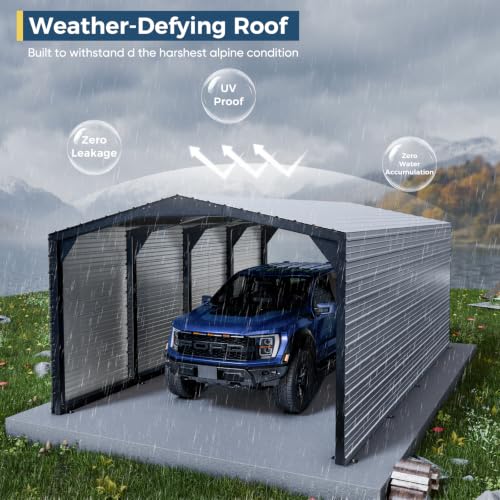 Image of Metal Carport 12x20 ft Heavy-Duty 2-Sided Enclosure | Military-Grade Reinforced Garage Kits with Steel Roof & Hurricane | 100lbs /Sq.Ft Snow /Camper /Truck /Tractor Shelter,Ash Gray