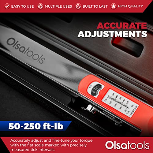 Olsa Tools Split Beam Torque Wrench (1/2-Inch Drive) - +-4% Accuracy, 32 Teeth - 50-250 Ft-Lb Torque Range - 15° Flex Head - Professionally Certified - Professional-Grade Torque Wrench - Part: 1242 #TOP1
